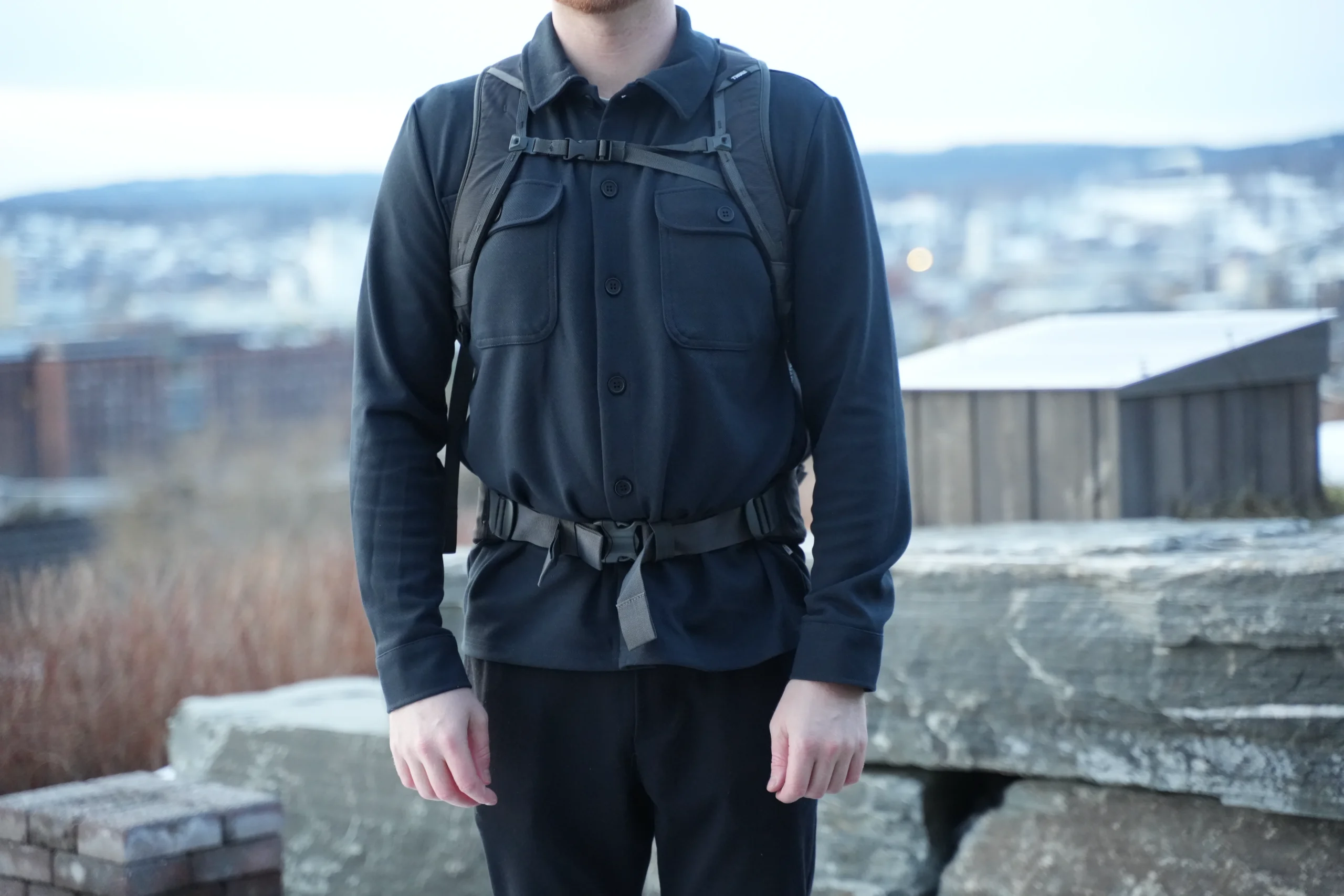 Thule Landmark 40 worn from front showing sternum strap, hipbelt, and real-world shape