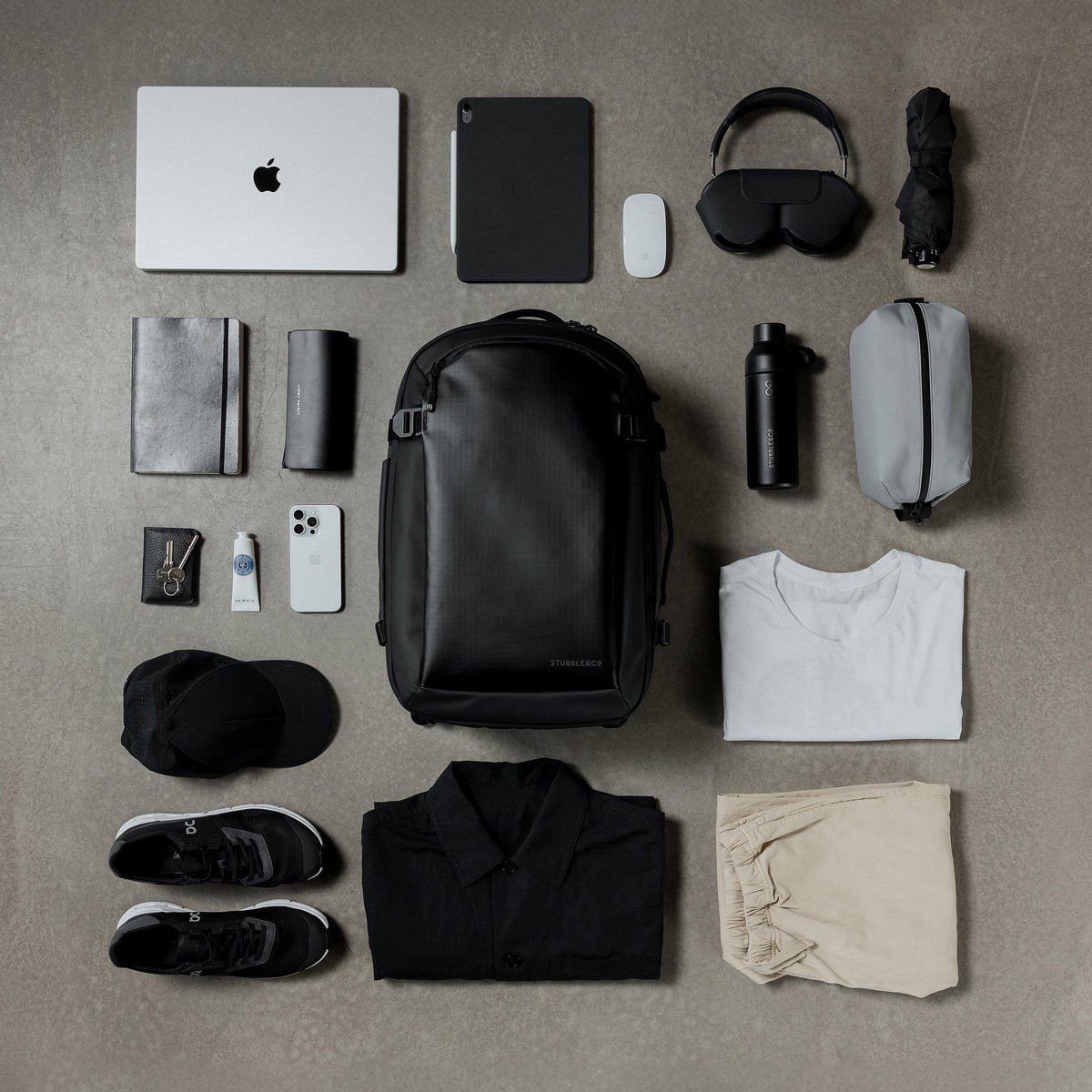 Stubble and Co Hybrid 30L flat lay showing all compartments and packing capacity