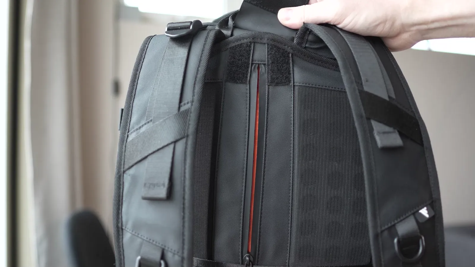 Zephyr Pro Lite back panel with the hidden security stash pocket