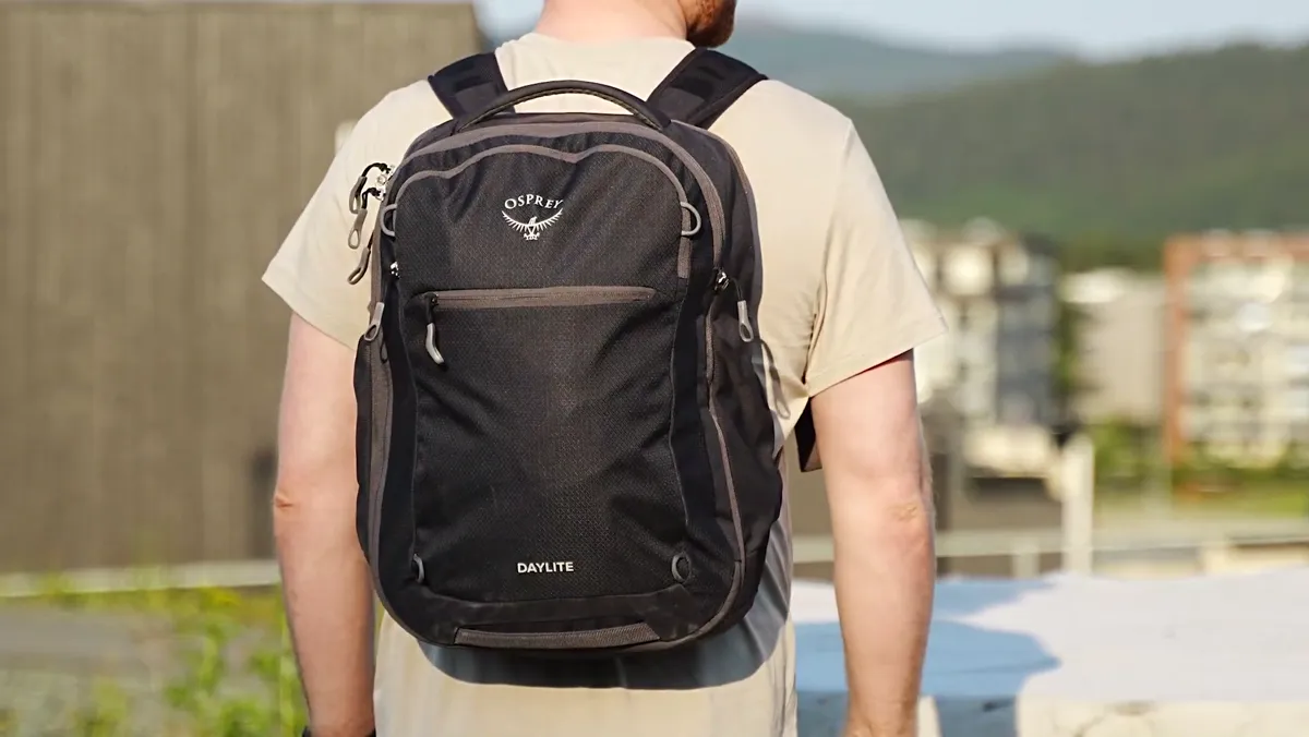 Osprey Daylite 26+6 worn on the back, showing how compact it sits when lightly packed