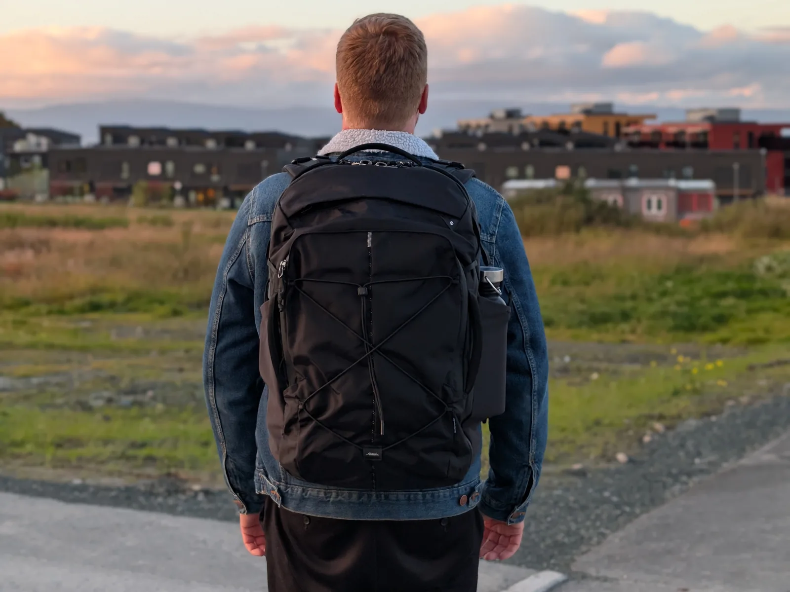 The Matador Global Travel Pack 35 on my back, seen from behind